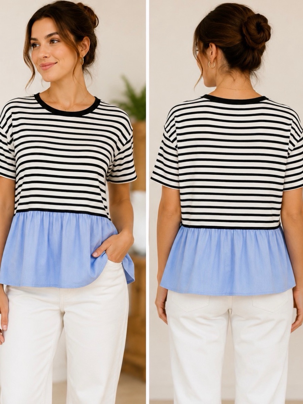 ACG Black White Striped Blue Peplum Mixed Media Top